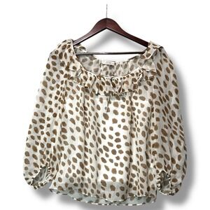 AYR XS Ruffle Neck Polka Dot Sheer Blouse Silk Cotton Romantic Neutral Top‎